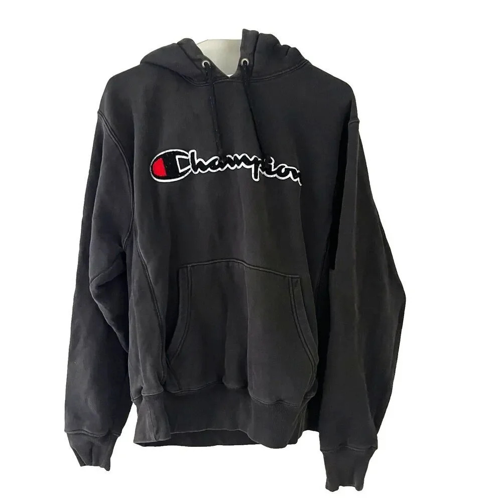 Champion Mens Faded Black Hoodie Reverse Weave M Sweatshirt Streetwear Normcore